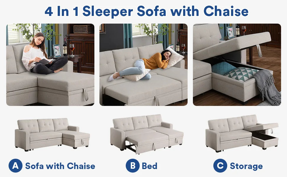 L-Shaped Chaise Couch with Storage & Pull Out Bed, Multifunctional Comfy Sectional Sleeper Sofa