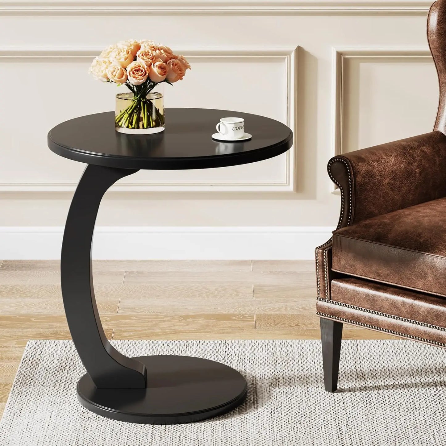 Vintage Industrial Design Wooden End Table, Round Tabletop & Base Connected with a C-Shaped Wood Leg