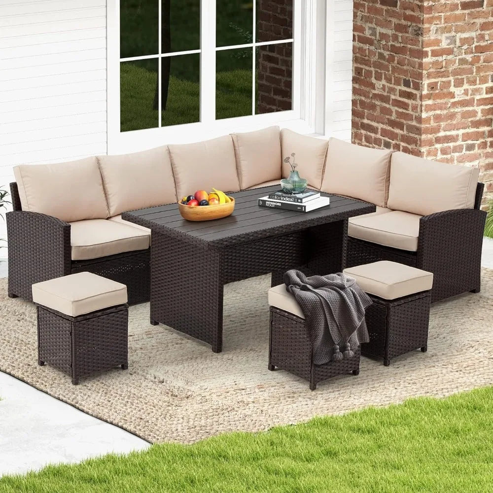 All Weather Wicker Rattan Patio Furniture 7 piece Set, Sectional Sofa Conversation Set, Washable Cushion Covers