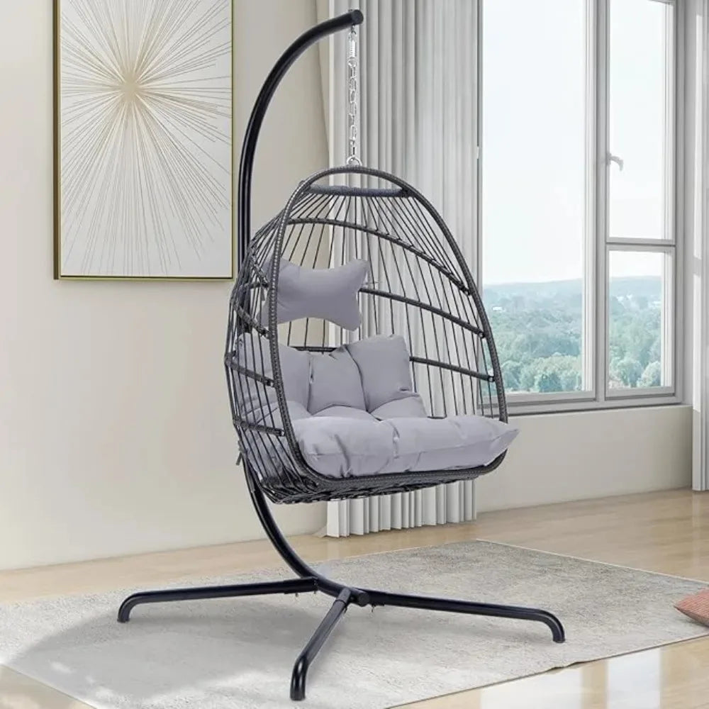 Double Swing Egg Chair with Aluminum Frame Wrapped in Poly-Resin Wicker, Adjustable Suspension Chain, Removable Seat Cushion Cover & Head Pillow