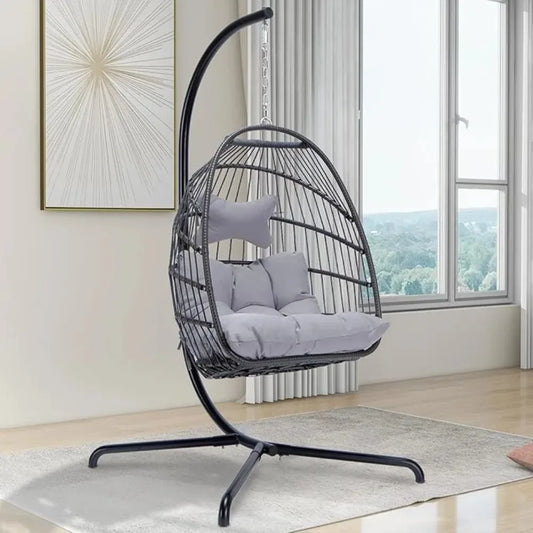 Double Swing Egg Chair with Aluminum Frame Wrapped in Poly-Resin Wicker, Adjustable Suspension Chain, Removable Seat Cushion Cover & Head Pillow