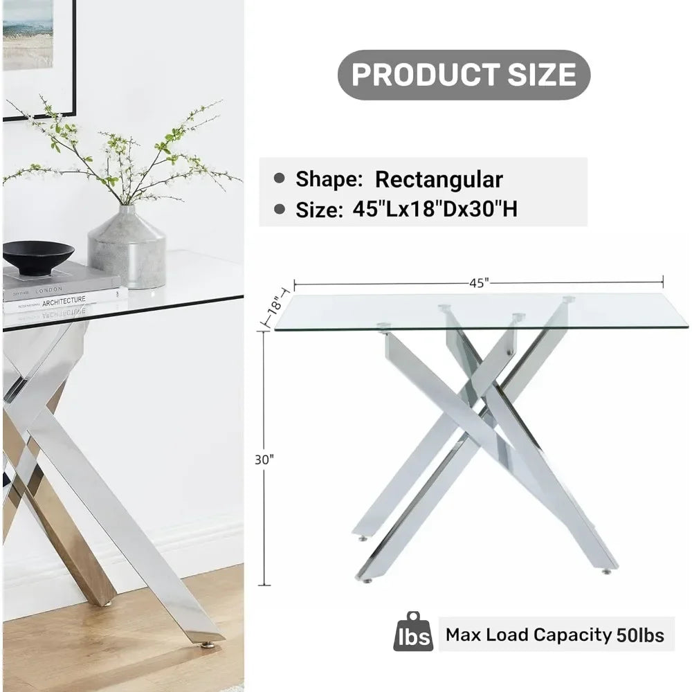 Geometric Design Narrow Sofa Table with 8mm Thick Tempered Glass Top & Metal Tubular Legs