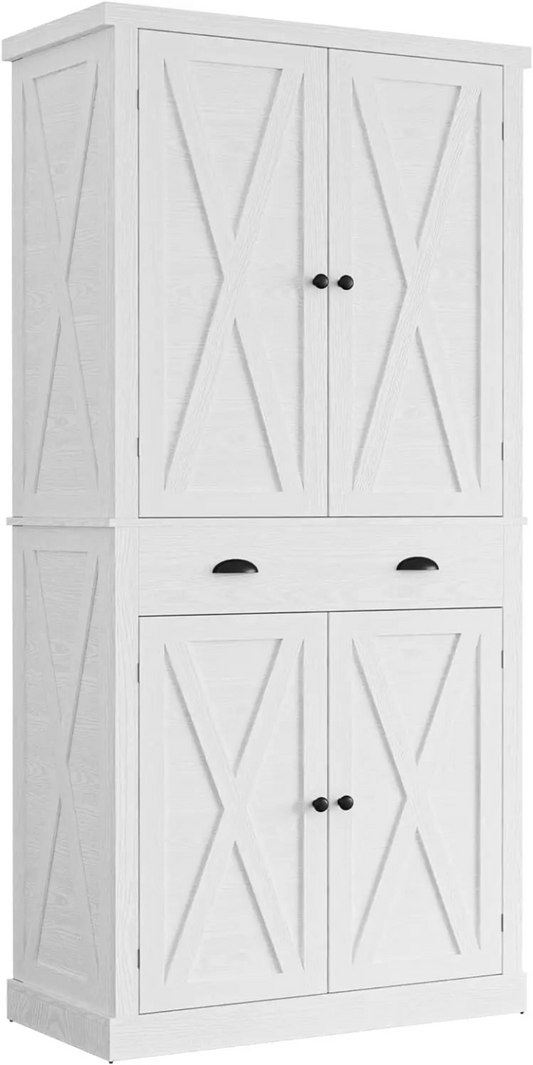 Kitchen Pantry Storage Cabinet 72", with Barn Style Doors, Drawer, 3 Adjustable Shelves, Freestanding Cupboard, White