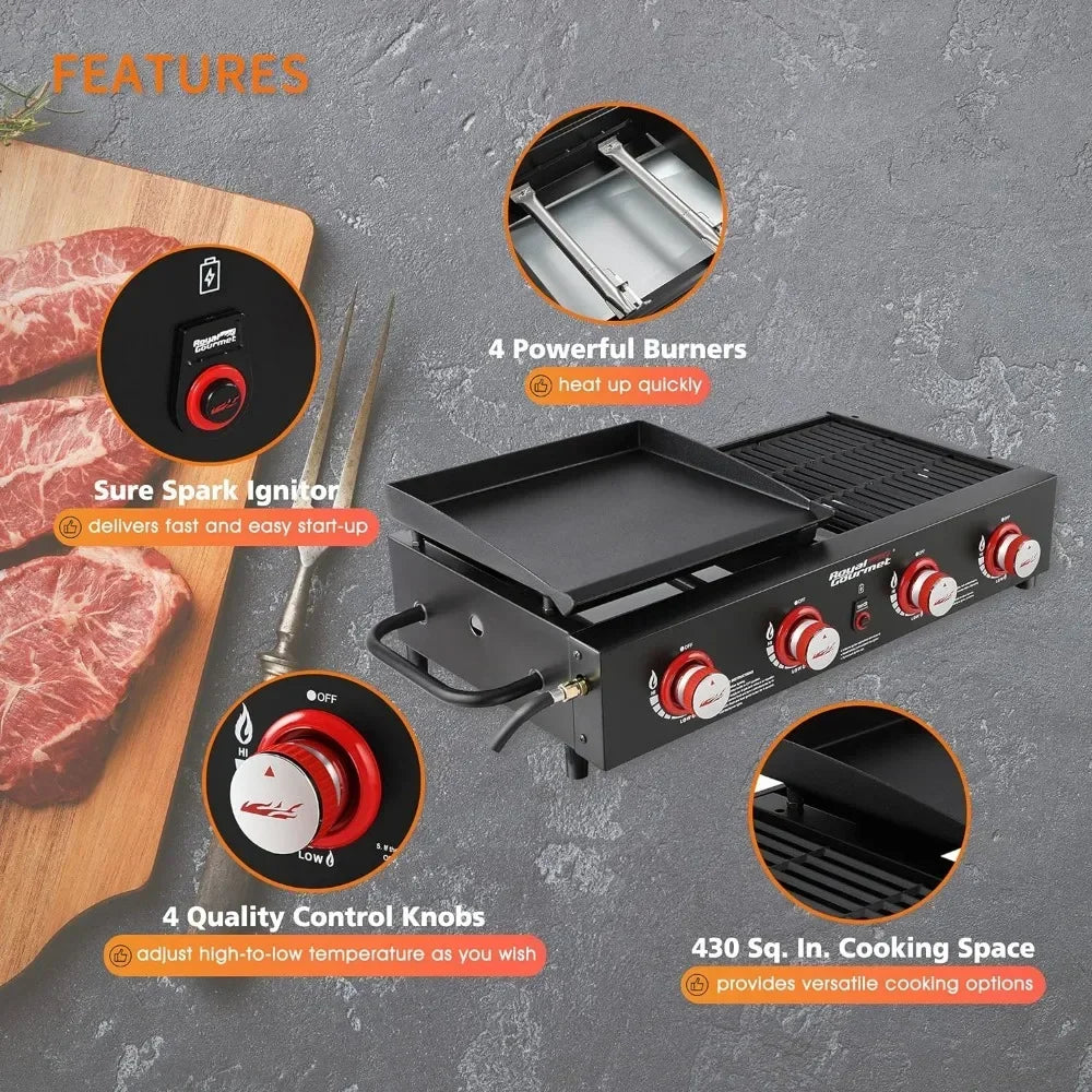 Tabletop Gas Griddle Combo with 4 Independently Controlled Burners, Sure Spark Ignitor & 40000 BTU