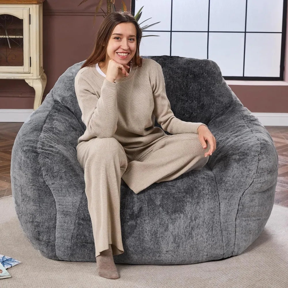 Beanbag Sofa Chair with Big Armrests & Ergonomic Thick Backrest, Soft Faux Fur Cover, High-Density Foam & Non-Slip Bottom Fabric