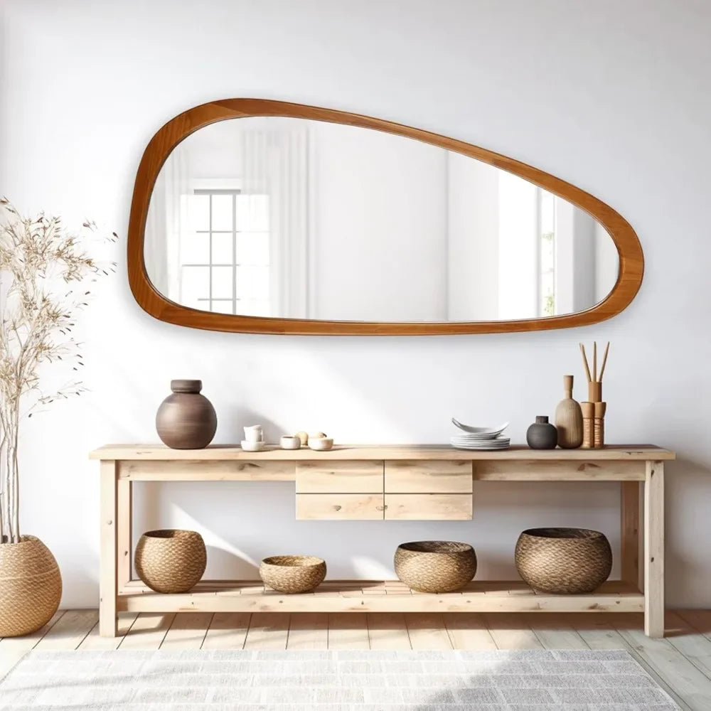 Irregular-Shaped 4' Solid Pine Framed Mirror, Smooth Curved Design, 4x D-Rings for Wall Mounting