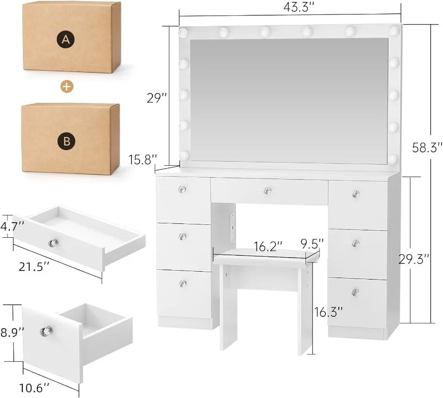 Makeup Vanity Desk 44" with 14 Led Lighted Mirror, Power Outlet and 7 Drawers, 3 Color Lighting Modes