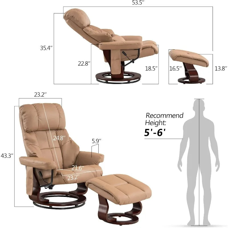 Swivel Recliner Chair & Ottoman with Remote Controlled Vibration Massage, Removable Lumbar Pillow & Ball-Bearing 360° Swivel Wood Base