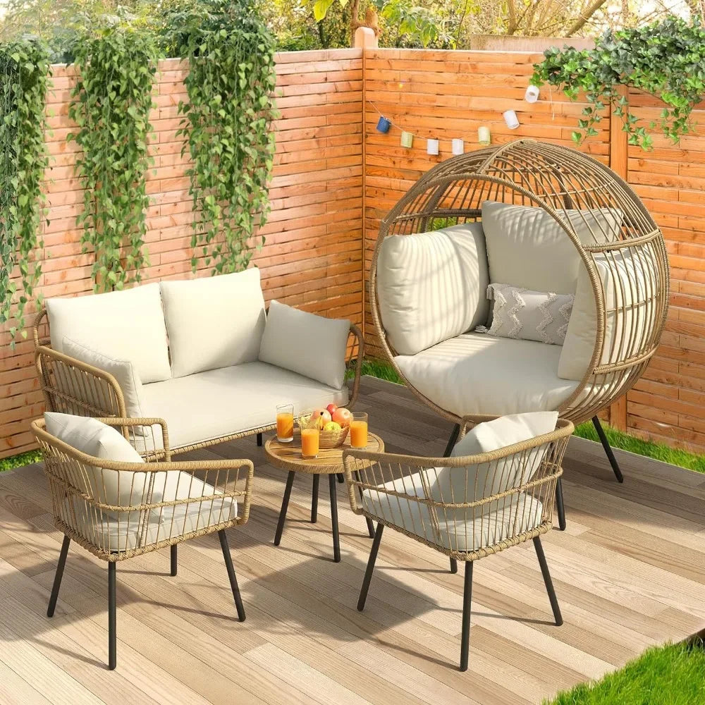 Indoor/Outdoor Wicker Egg Chair with Surround Support Cushions, Modern Round Basket Chair