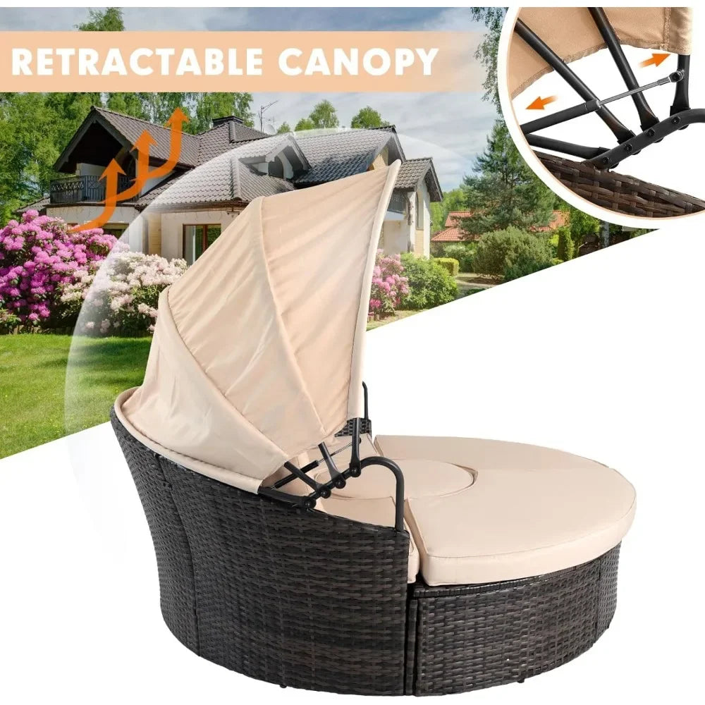 Outdoor Terrace Canopy Bed with Retractable Canopy & Washable Thick Cushions, Clamshell Shaped Segmented Seats