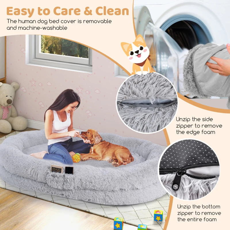 Cozy Ultra-Soft Dog Lying Bed with Soft Blanket, Plump Pillow & Side Storage Pockets, Large Size for People & Pets