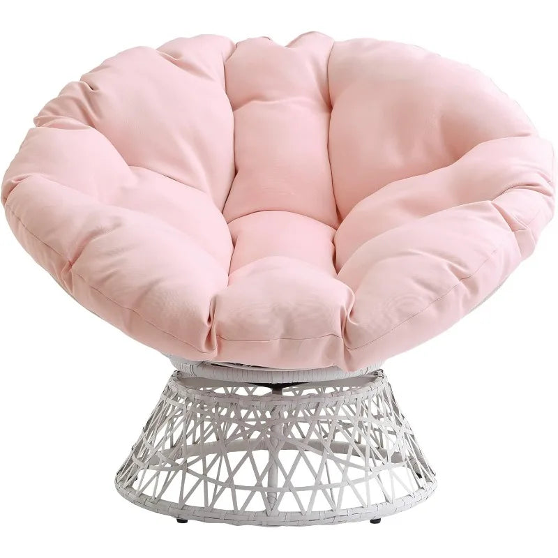 Cream-Framed Resin Wicker Lounge Chair with 360° Swivel & Fluffy Pink Tufted Cushion