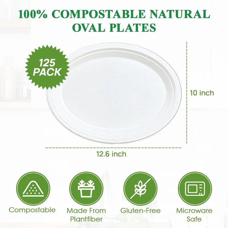 Eco-Friendly, Compostable 12.6"x10" Oval Plates, 125pcs