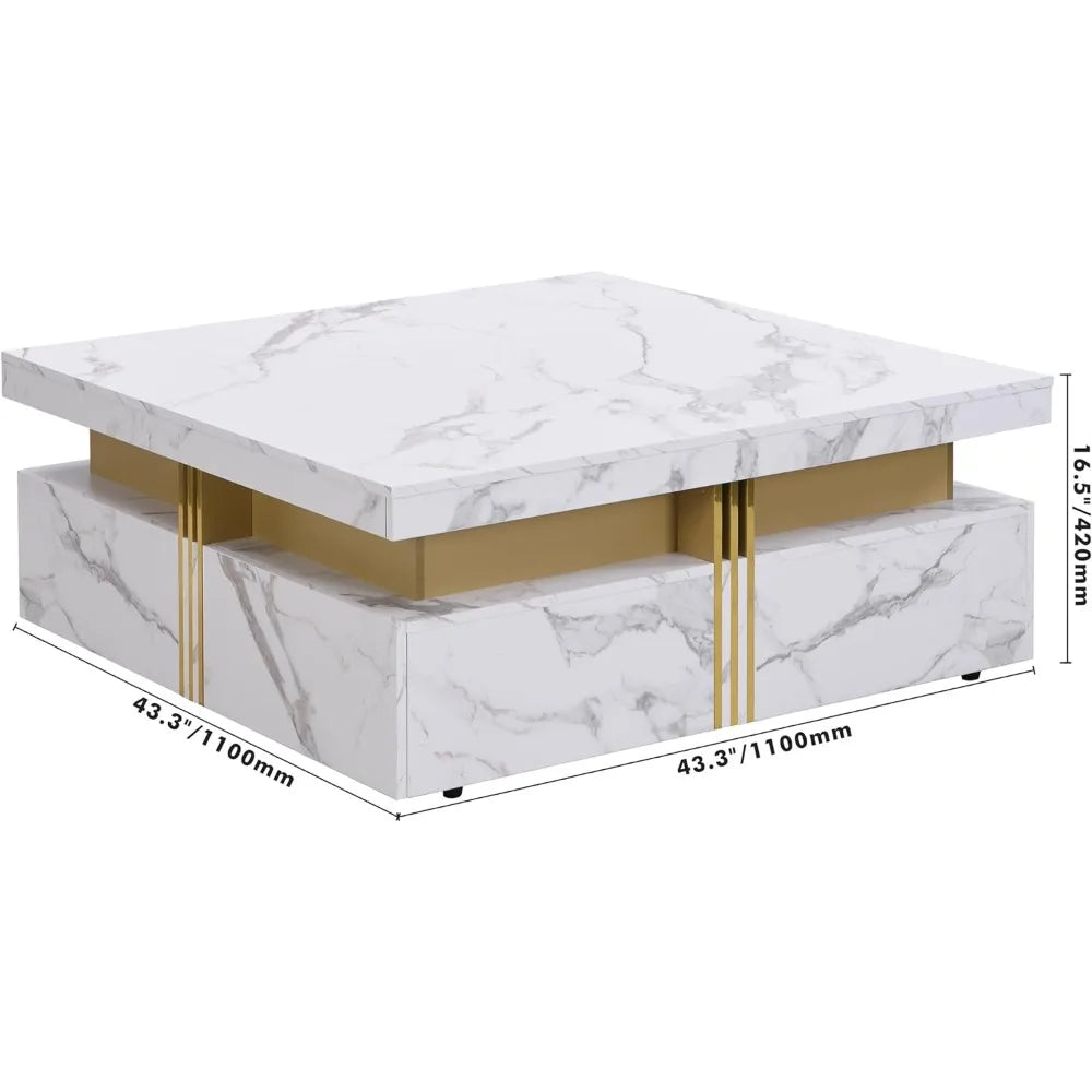 Low Profile Square Coffee Table with 4 Spacious Drawers and a Chic Marble Pattern