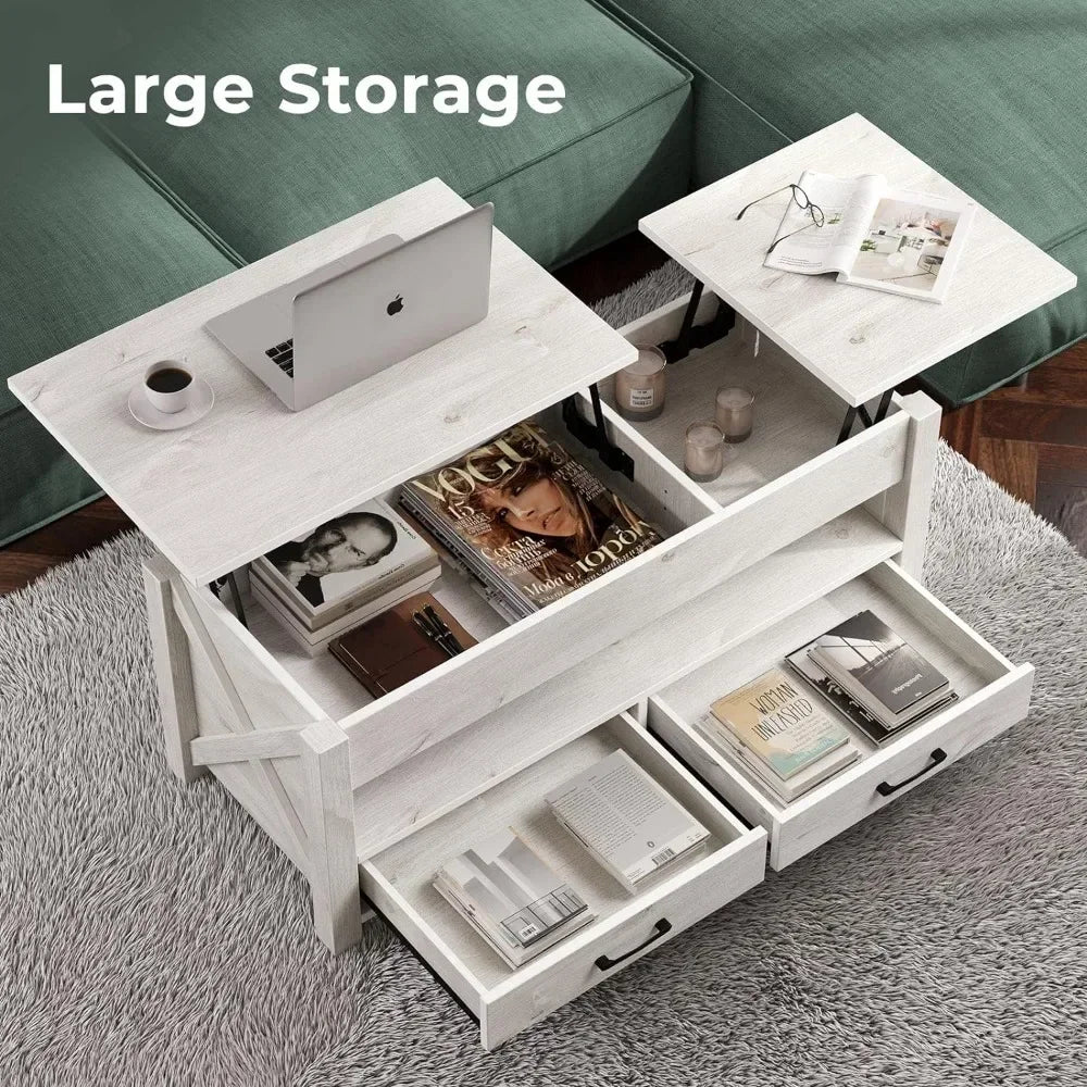 Two-Way Split Lift Top Coffee Table with 2 Storage Drawers & Hidden Storage Compartment