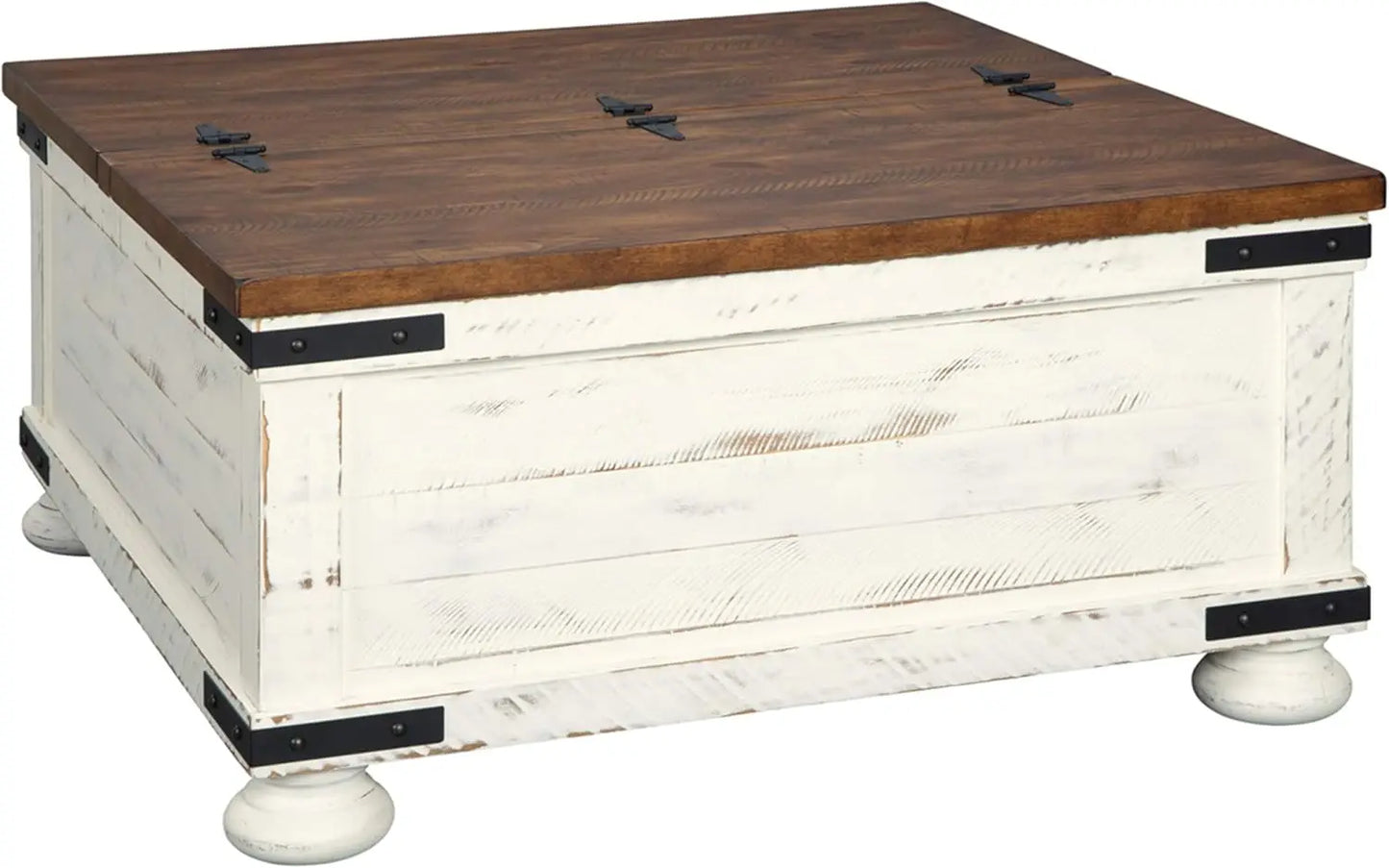 Farmhouse Square Coffee Table with Hidden Storage under 2 Side-Hinged Lift Tops, Weathered-Look with Metal Accents