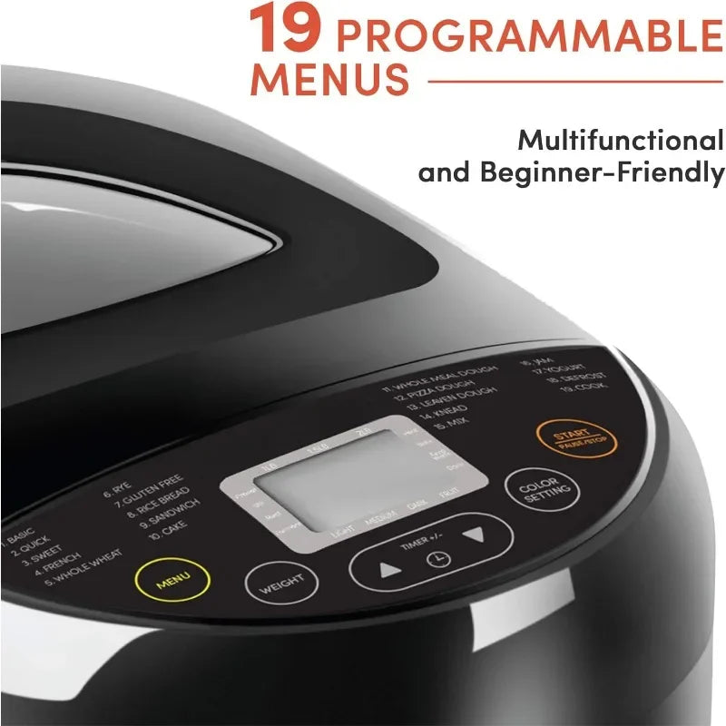 Bread Maker Machine, 19 Programmable Menus, 15 Hour Delay Timer, 60 Minute Keep Warm Function, 3 Loaf Sizes & 3 Crust Settings