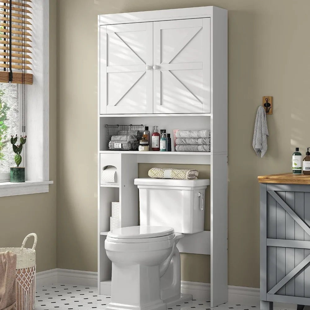 Freestanding Over the Toilet Space Saver Cabinet with 2 Doors, Anti-Tip Design & Adjustable Shelf, 2 Installation Methods