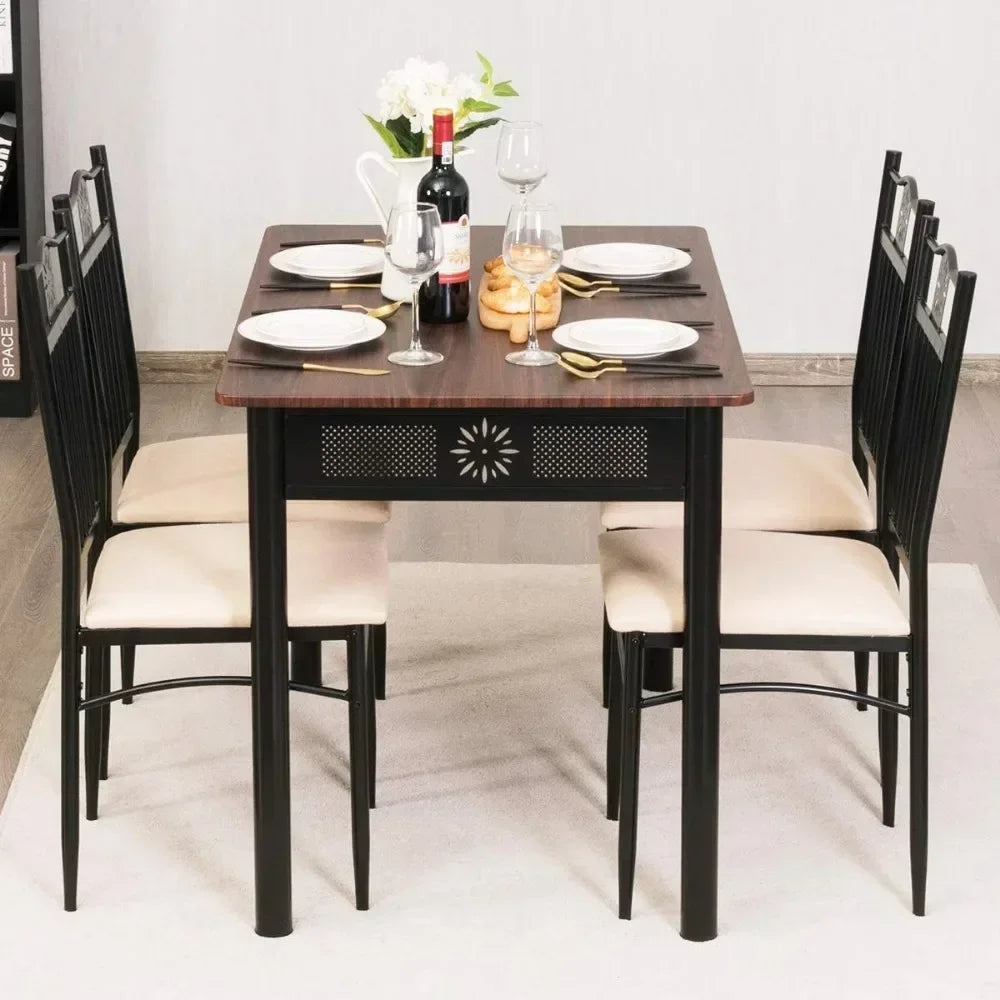 5-Piece Dining Table & Chair Set with Vintage Wood Finish Table Top, Metal Frame & Upholstered Seat Chairs