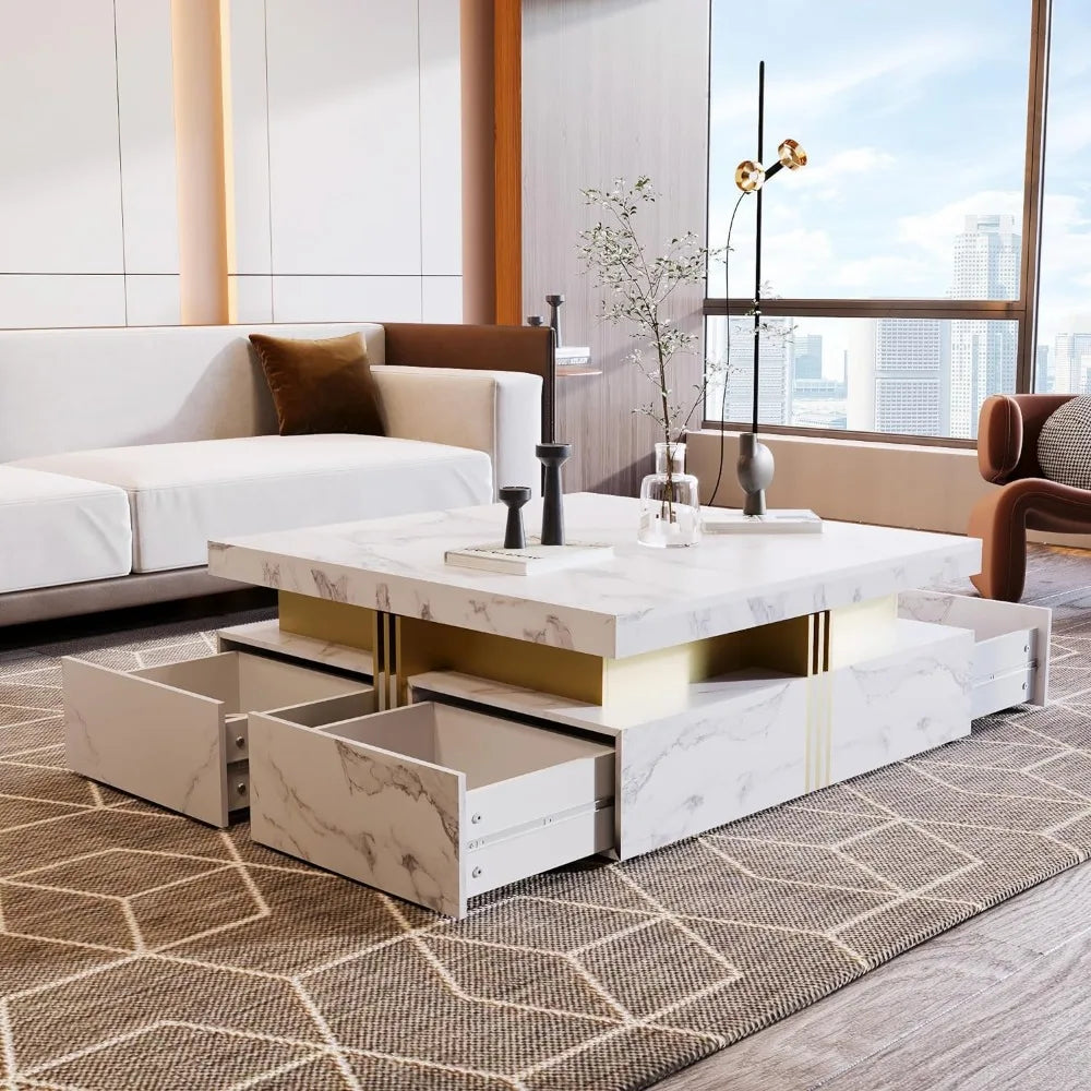 Low Profile Square Coffee Table with 4 Spacious Drawers and a Chic Marble Pattern