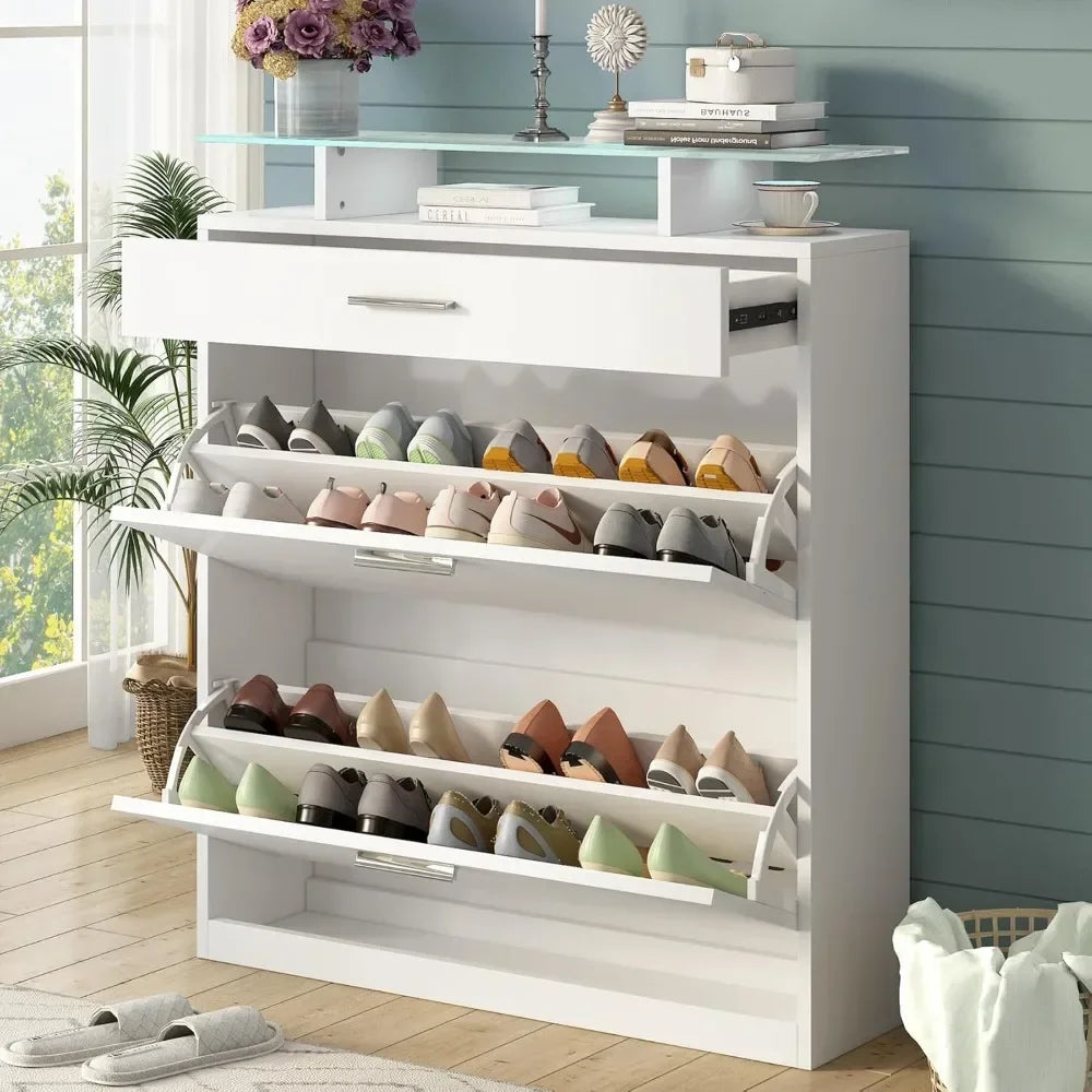 Hidden Shoe Storage Cabinet with 2 Flip Drawers, 1 Pull-Out Accessories Drawer, Tempered Glass Top & Adjustable or Removable Flip Drawer Panels