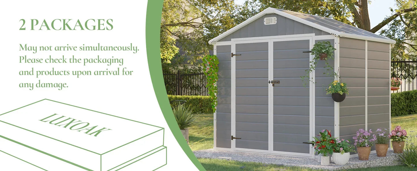 Resin Storage Tool Shed 6' x 8' with Floor, Vents & Window, Door Frame & Connecting Panels are Reinforced with Stainless Steel Tubes