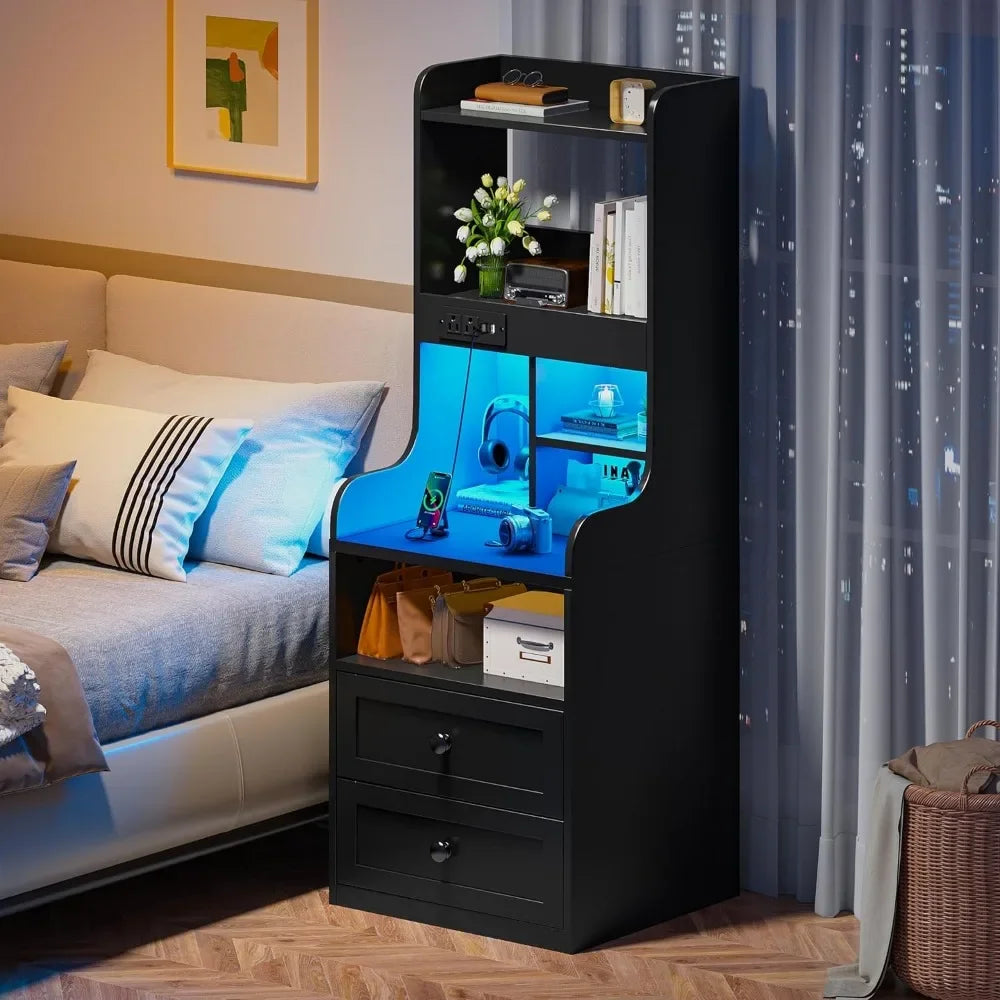 Tall 50.4" Nightstands with Charging Station, 20 Colors RGB LED Lights, 2 Drawers, Shelves, 2 USB Ports & 2 Outlets