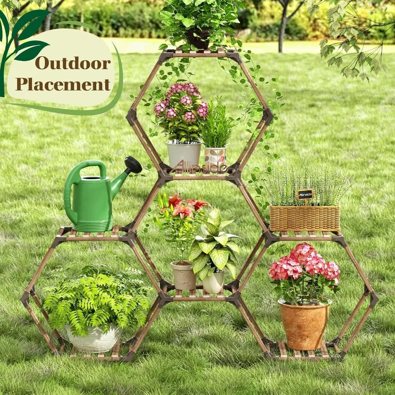 Indoor or Outdoor Hexagonal Plant Stand, 100% Natural Wood, 9,11 & 13 Tiers