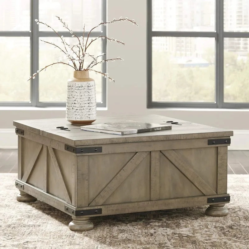 Farmhouse Square Coffee Table with Hidden Storage under 2 Side-Hinged  Lift Tops, Weathered-Look with Metal Accents