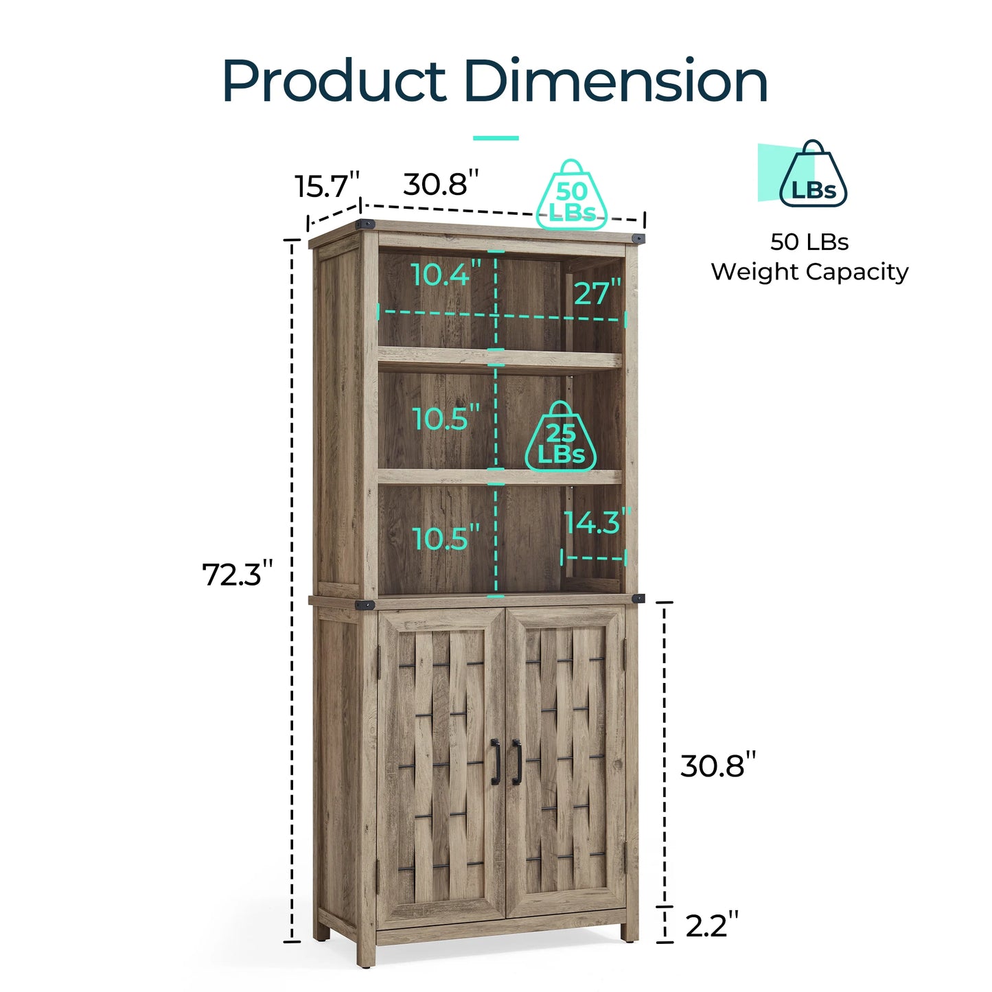 Pantry Storage Cabinet 72” Tall with 2 Doors, Removable & Adjustable 6-Tier Shelves, Farmhouse Style with a Unique Wicker-Inspired Design