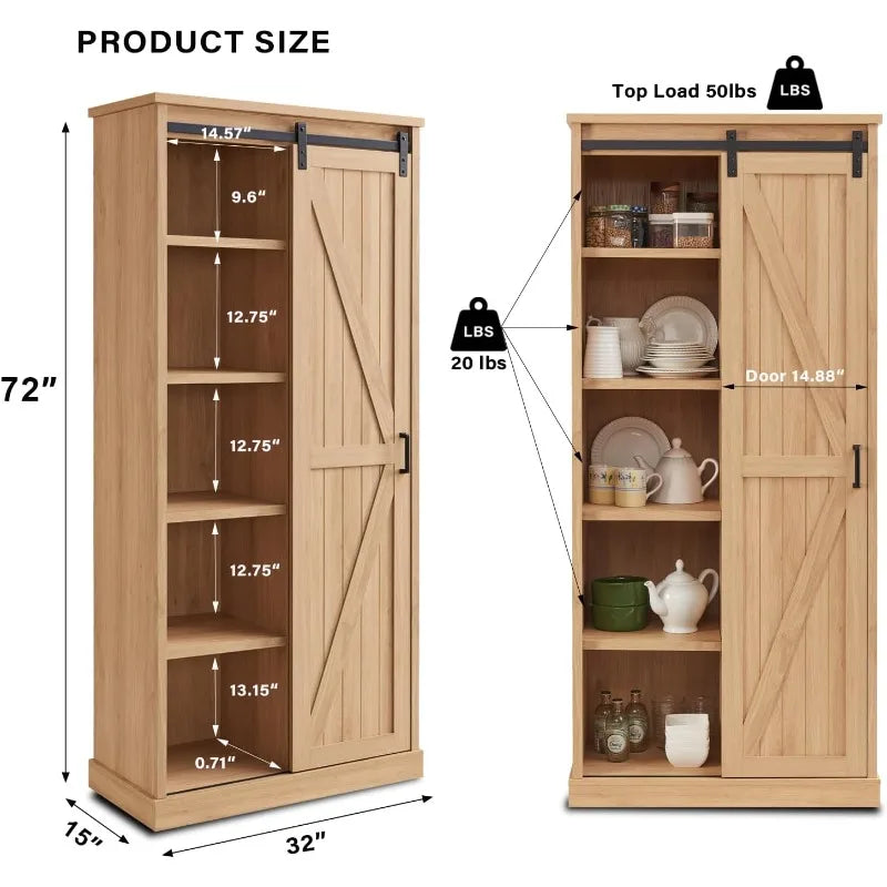 Kitchen Pantry Storage Cabinet 72", with Barn Style Sliding Doors, 4 Adjustable Shelves, Freestanding Cupboard, Tan