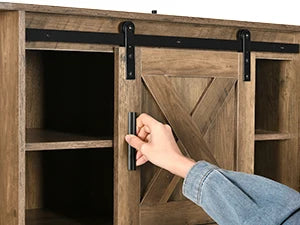 Kitchen Storage Microwave Cabinet with Display Shelves, Drawer, Sliding Barn Door ＆ Power Outlet