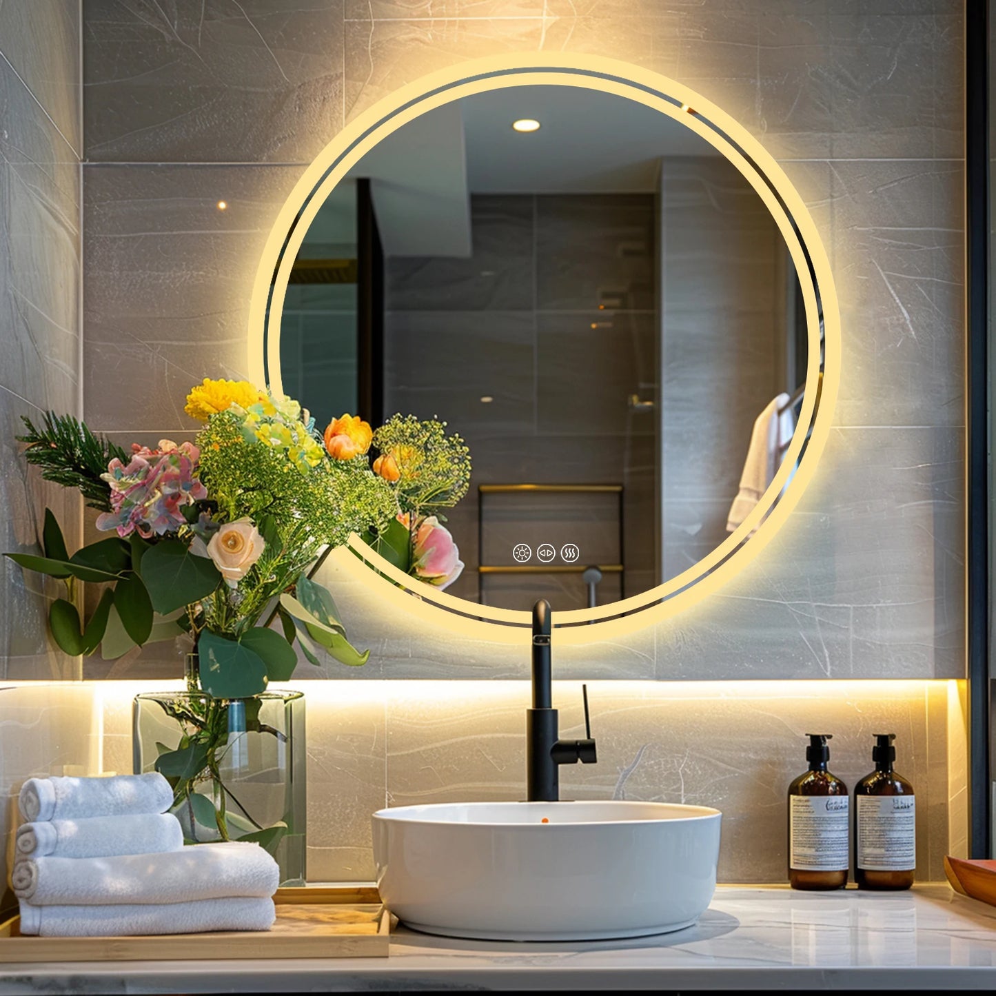 Round Backlit Illuminated Bathroom Mirror with 3 Color LED Lights, Anti-Fog, IP65, Dimmable & Wall Mounted