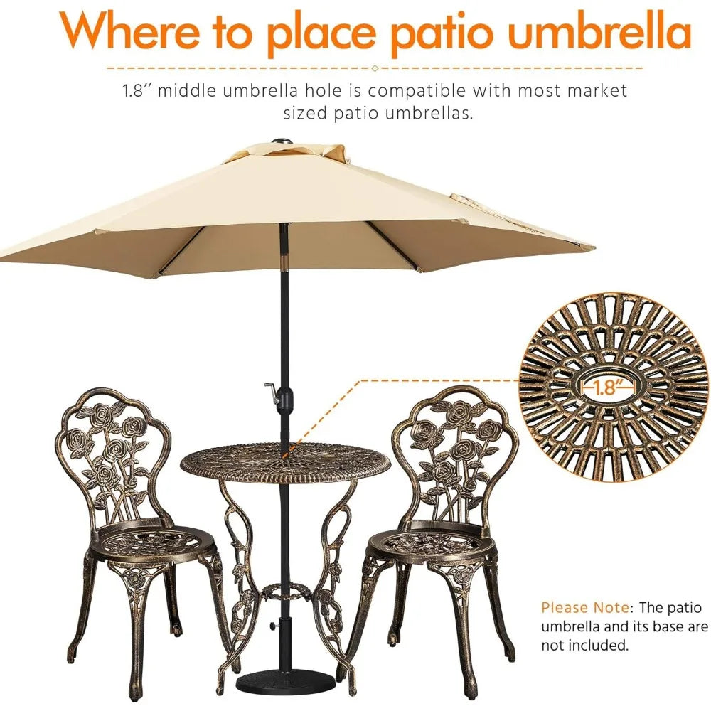 Rust-Resistant Cast Aluminum Table & Chairs, 3-Piece Outdoor Set, Vintage Rose Design, Chairs Feature Concave Seats & Foot Pads