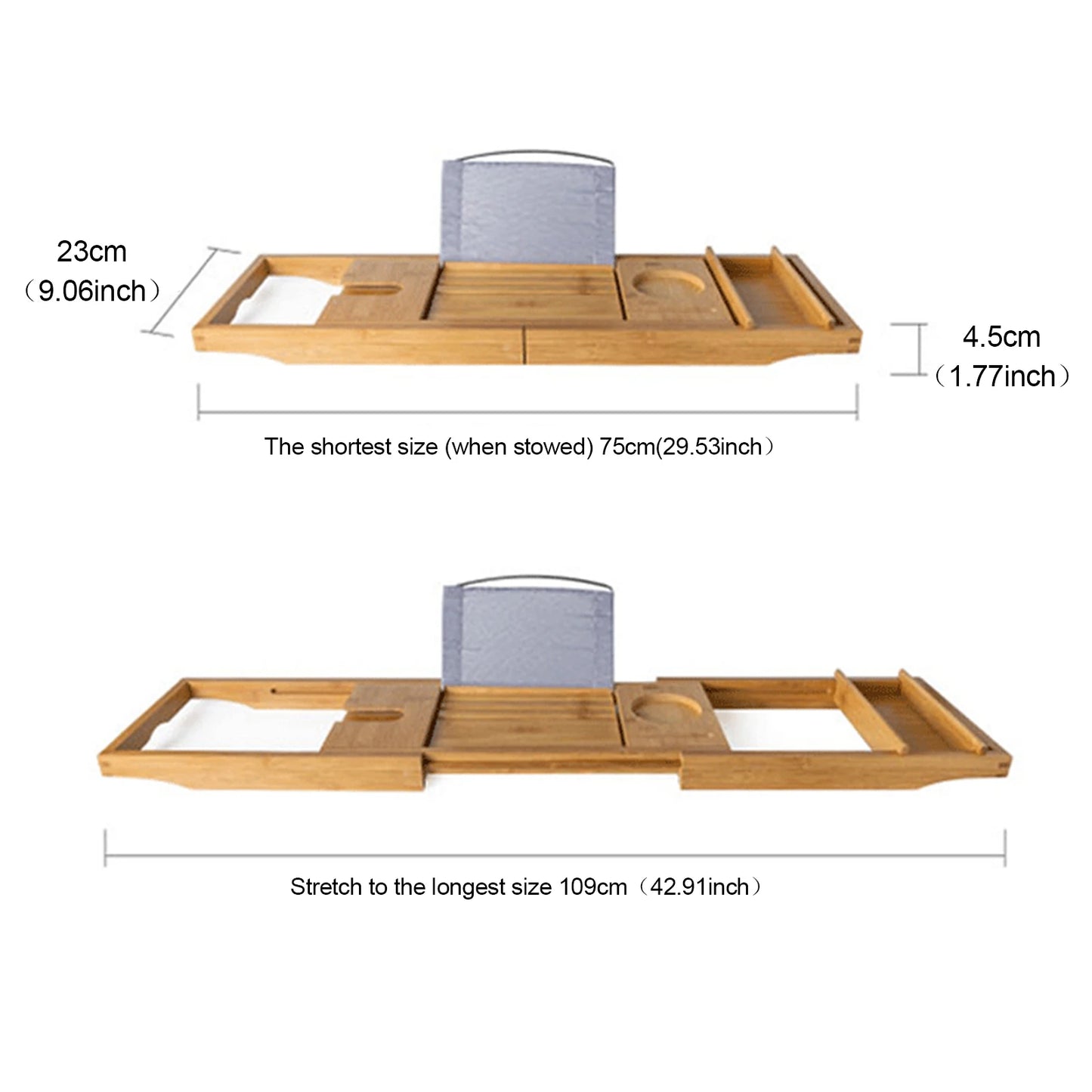 Bathtub Caddie Tray with Detachable Storage Box, Adjustable Length to Fit Tub, Bamboo Wood