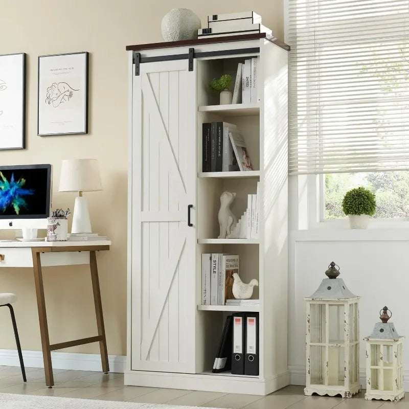 Kitchen Pantry Storage Cabinet 72", with Barn Style Sliding Doors, 4 Adjustable Shelves, Freestanding Cupboard, Antique White