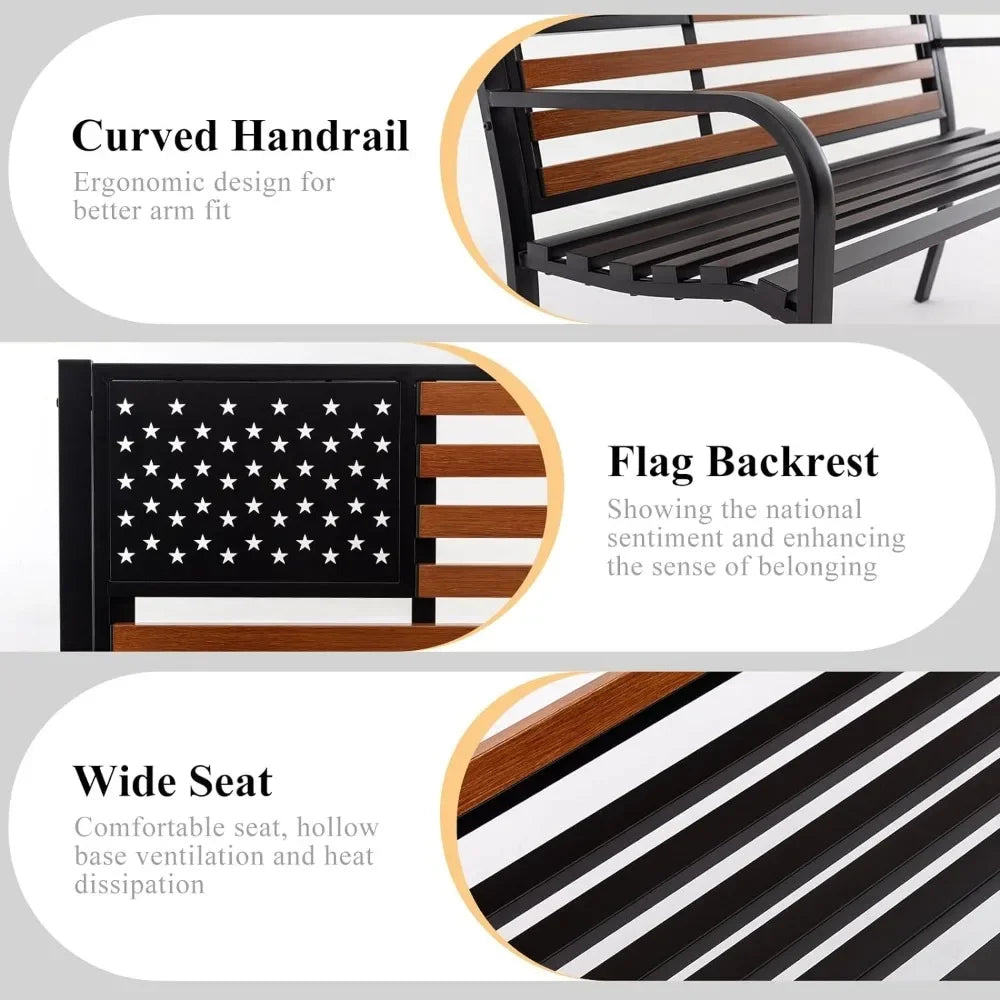 Cast Iron Frame 3 Seat Patio Bench with Stars-and-Stripes Pattern Backrest & Weatherproof Seat