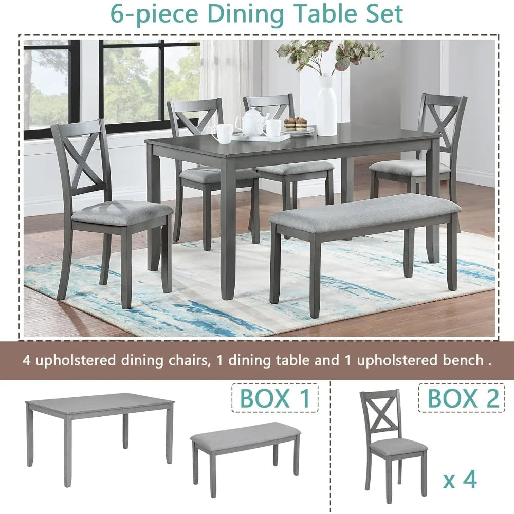 Dining Furniture 6-Piece Set with 4 Upholstered Chairs, 1 Kitchen Table & 1 Upholstered Bench, Multi-Functional Dining Set