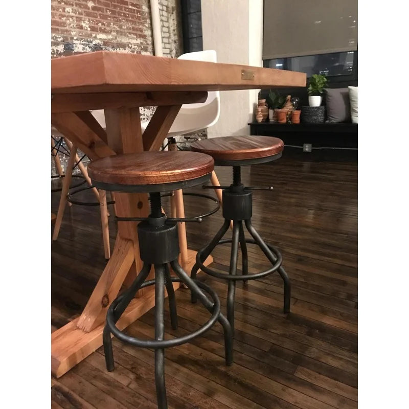 Industrial Bar Stool, Swivel Wood Seat, Height Adjustable 33"-23", 2pcs