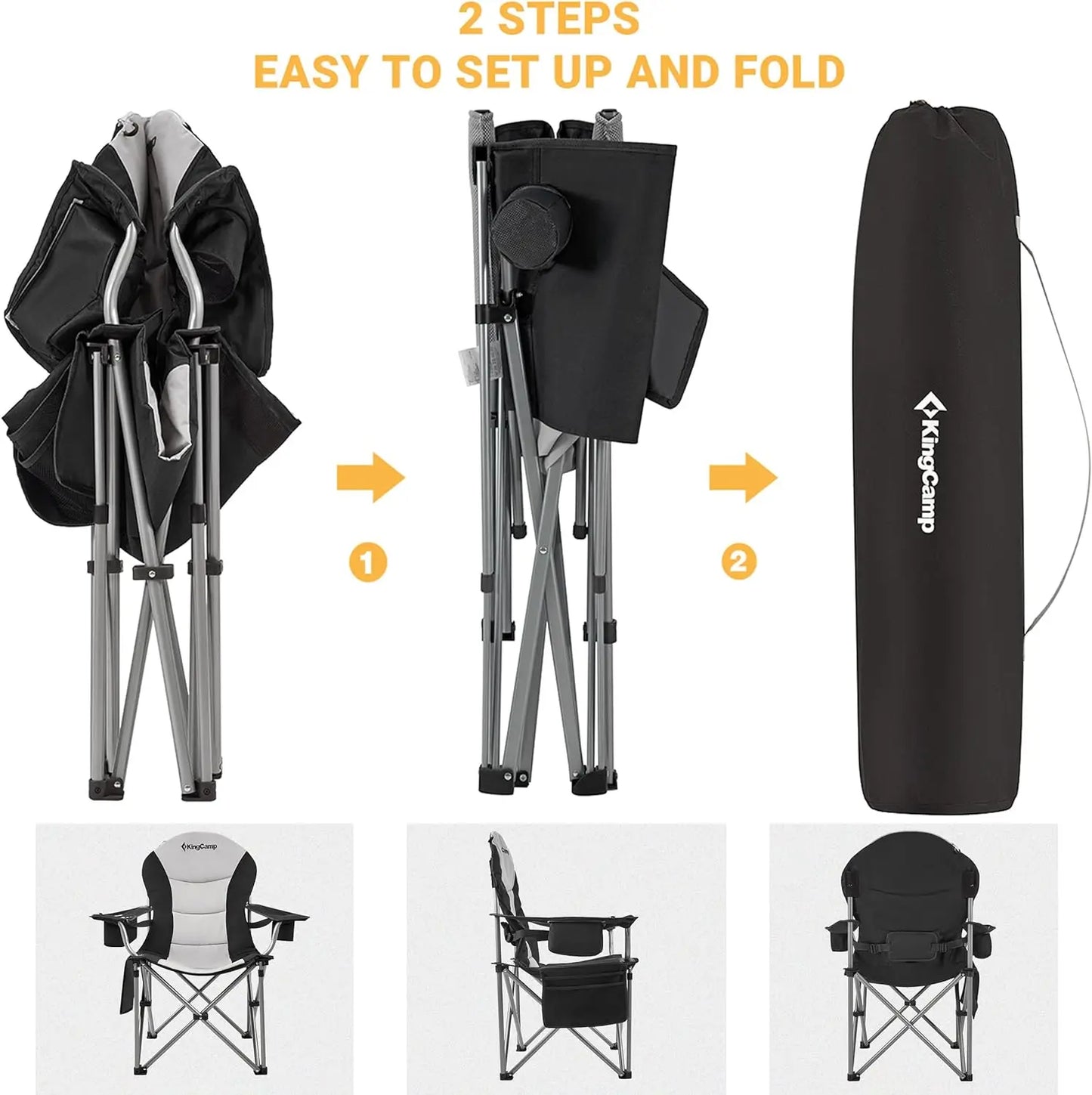 Lumbar Support Foldable Camping Chair with Adjustable Armrest & 4 Storage Pockets, 2pcs