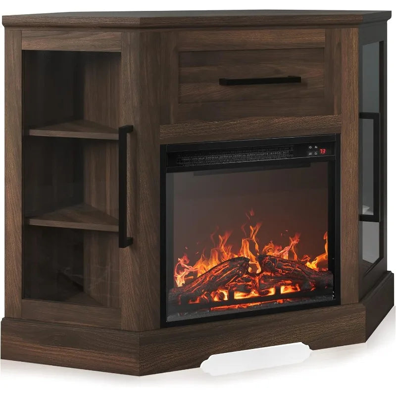 Corner Wood Entertainment Center with 18" LED Display Electric Fireplace Heater, 2 Glass Door Cabinets & 1 Pull-Out Drawer, For TVs up to 43"