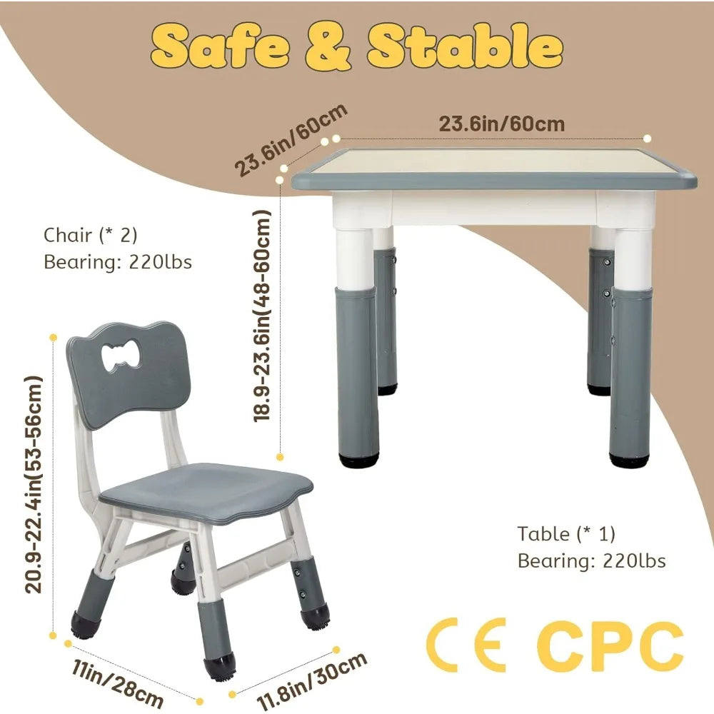 Toddler Adjustable Table & Chairs, 3 Height Levels, Easy Wipe Tabletop, Rounded Corners, Made From Healthy Materials