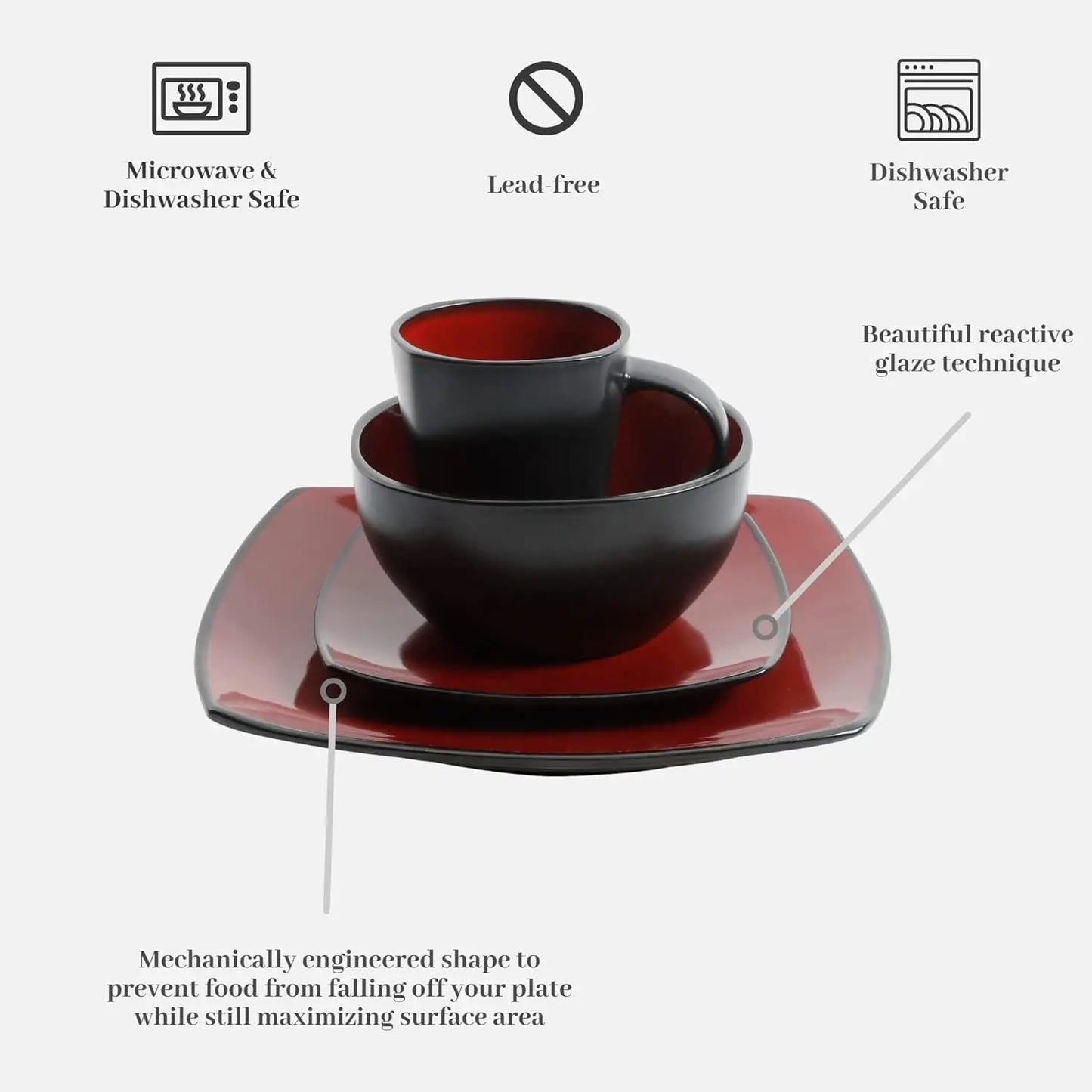 Dinnerware Set, Stoneware/Double Reactive Glaze Red & Black, 16pcs