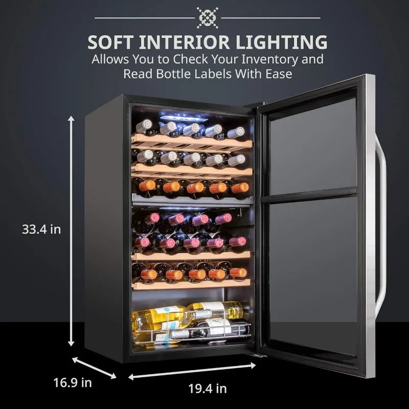 Wine Cooler Refrigerator holds 33 Bottles with Door Lock, Dual Zone Touch Control Temperature Setting