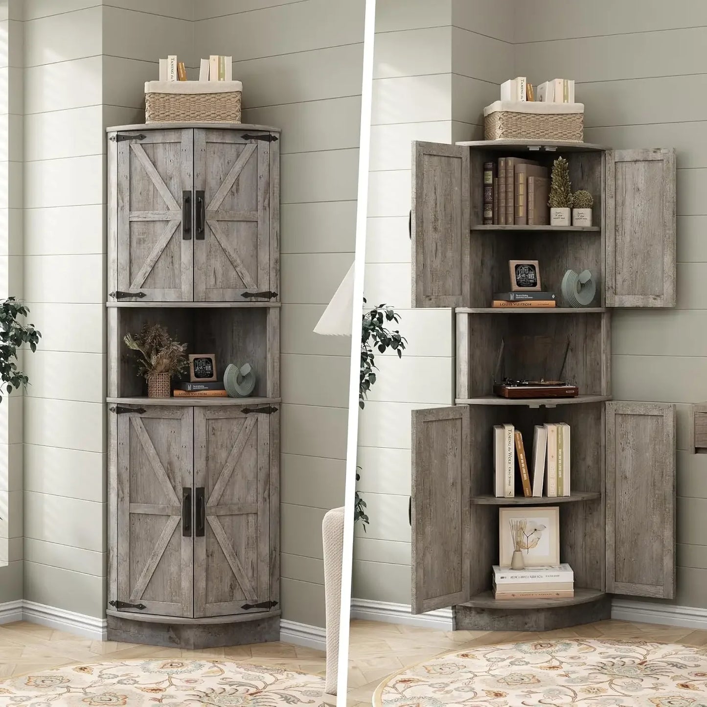 Space Saver Corner Cabinet with Right-Angle Design, 2 Enclosed Cupboards with 4 Barn Style Doors & Open Storage Shelf