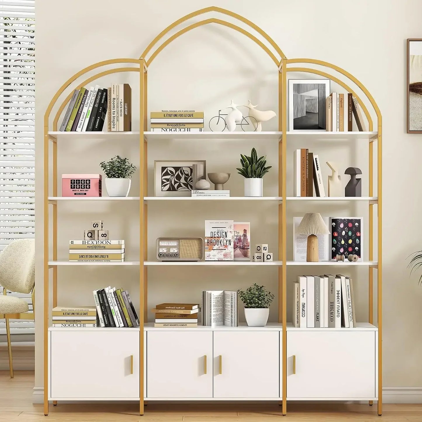 Arched Triple Wide 4-Tier Large Open Bookshelf with 3 Door Enclosed Cabinets, Crafted from Heavy Duty Black or Gold Finished Steel