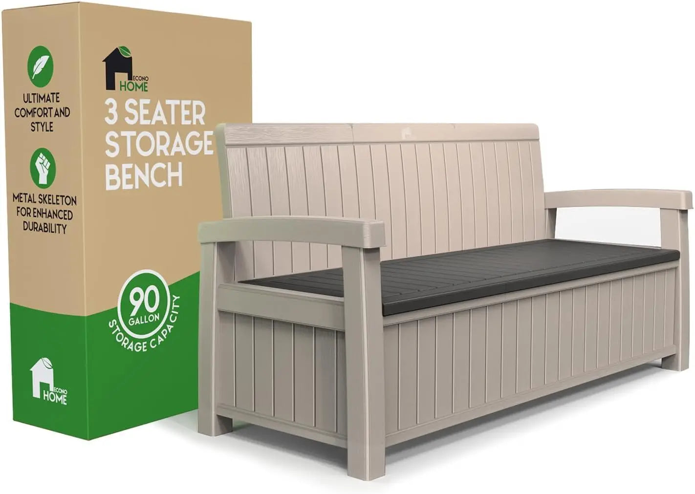 Weatherproof Resin Bench, 3 Seater, 90 Gallon Storage Capacity with Comfortable Armrests & Built-In Metal Seat Bars