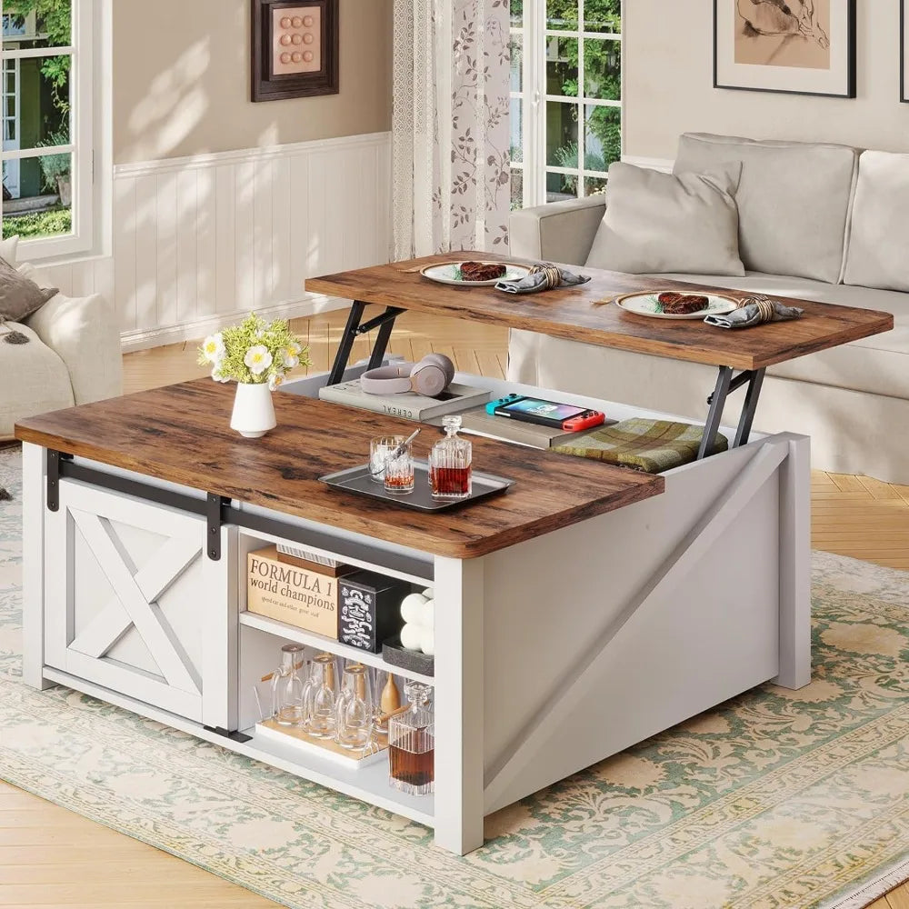 Lift Top Farmhouse Coffee Table with Storage Area Behind Sliding Doors & Adjustable Shelves, Rustic 31.5" Square Table