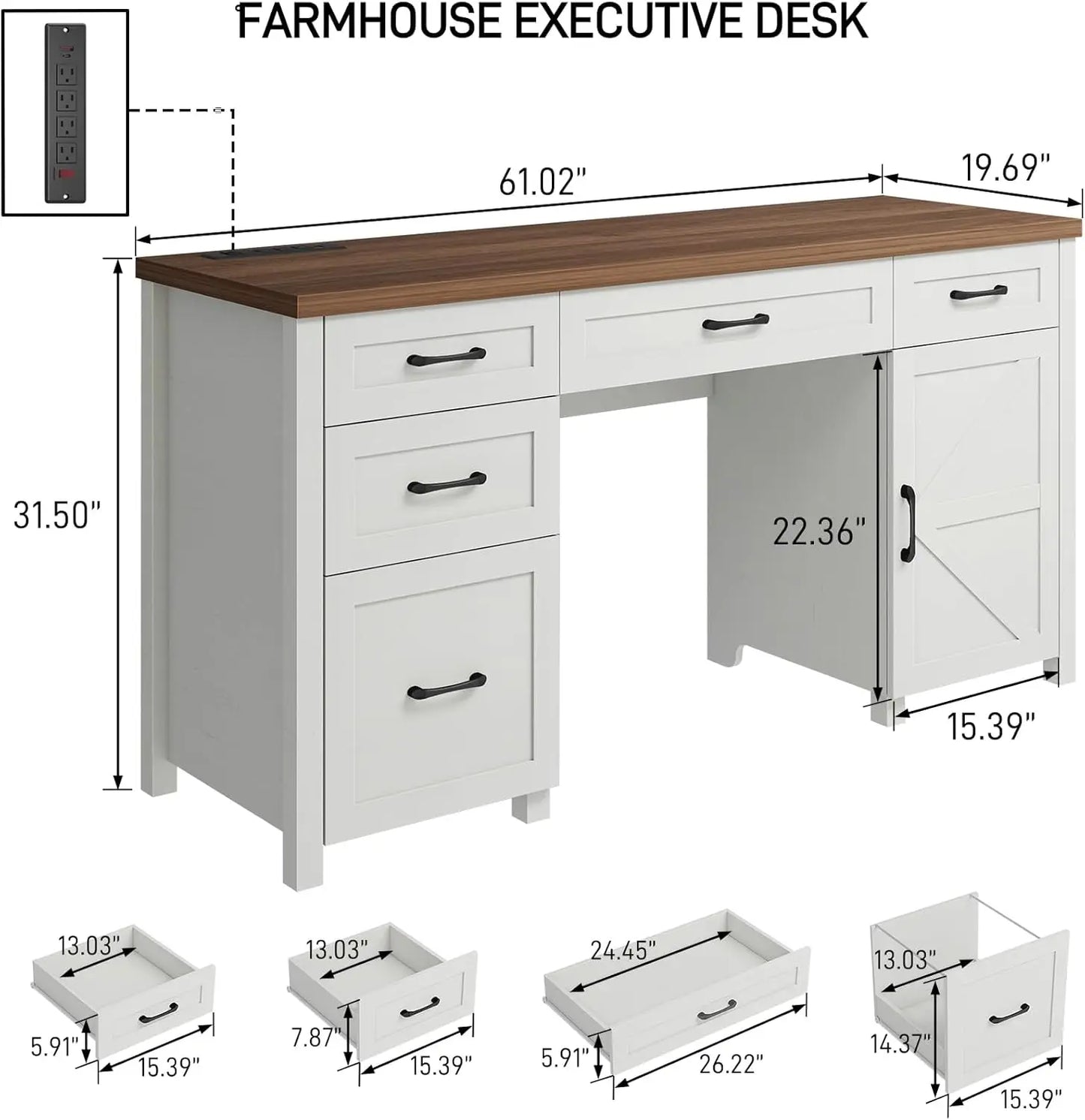 Rustic Office Computer Desk 61'' with 4 Box Drawers, File Drawer, 4 Power Outlets, 2 USB Ports & Storage Cabinet with Adjustable Shelves