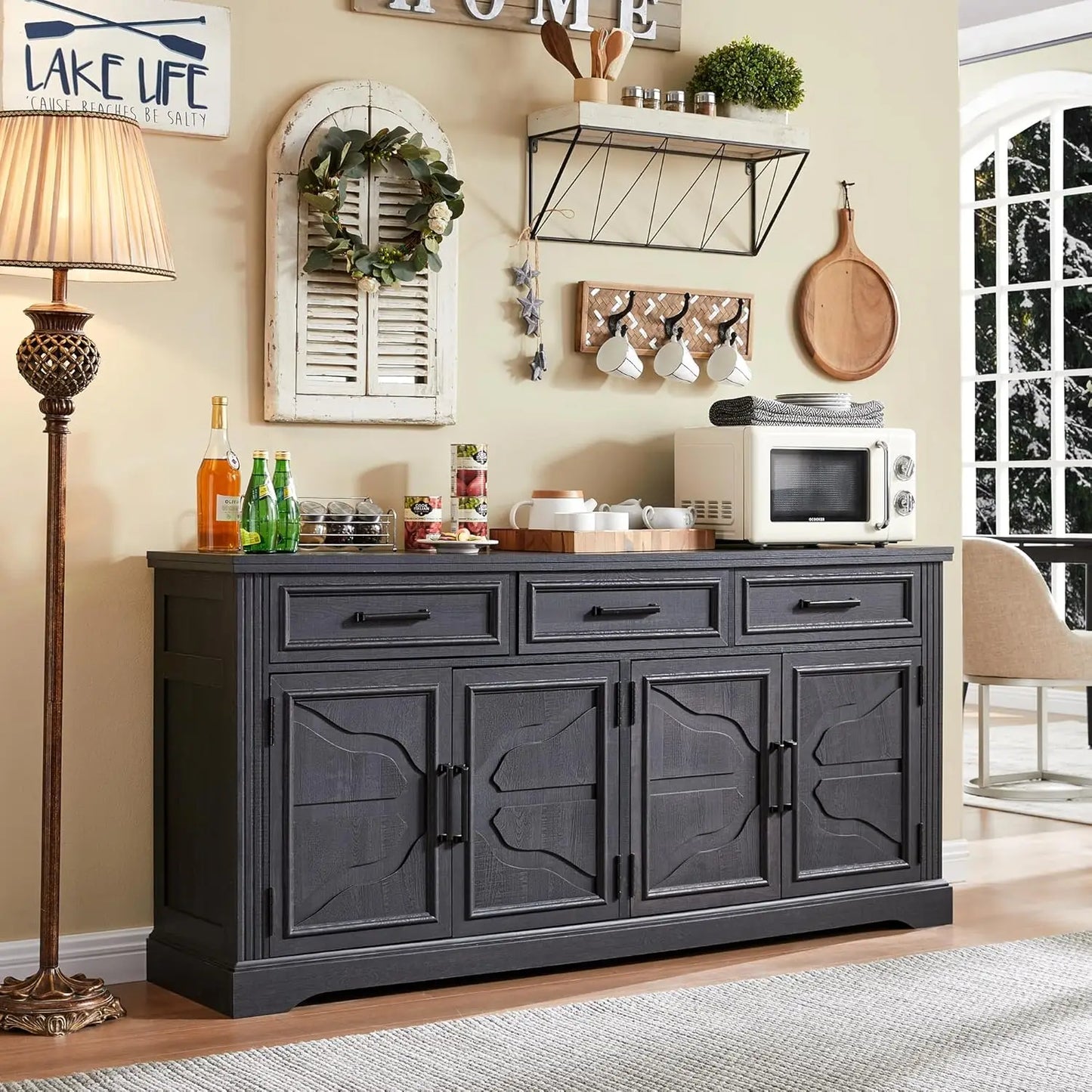 Large Buffet Sideboard Cabinet 66" with  Spacious Tabletop, 3 Drawers & Adjustable/Removable Shelves Behind 4 Doors